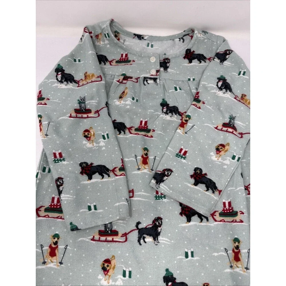 Lands End Nightgown Toddler Girl sz 4 Green Christmas Snow Dogs Sleds Pajama